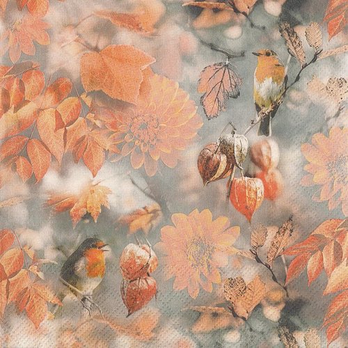 Serviette papier rouge-gorge et physalis fleur d'automne