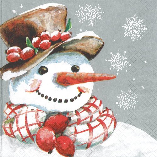 Serviette papier bonhomme de neige au chapeau décoré de baies