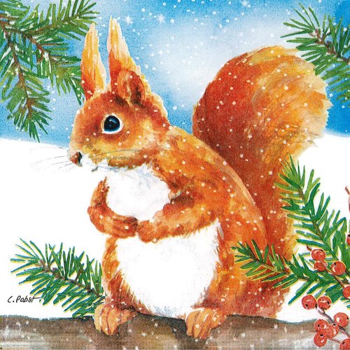 Serviette papier ecureuil dans la neige sur un sapin