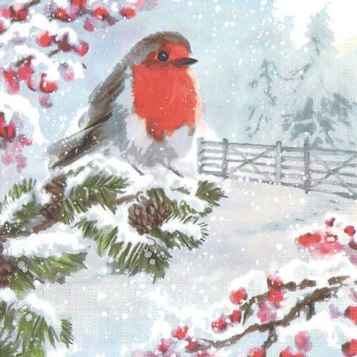 Serviette papier oiseau rouge gorge paysage de neige