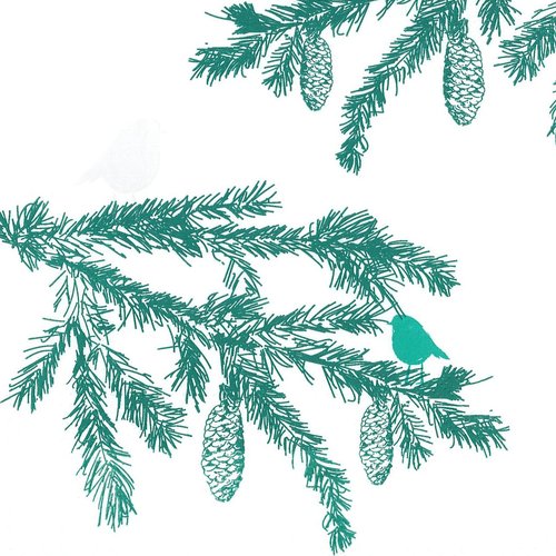 Serviette papier petit oiseau vert dans les branches de sapin