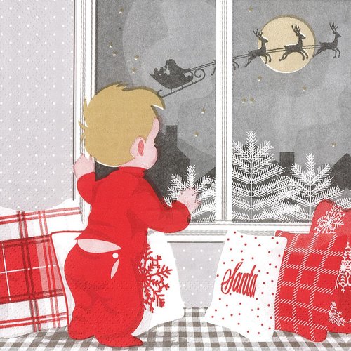 Serviette papier petit garcon attendant le père noel à la fenetre