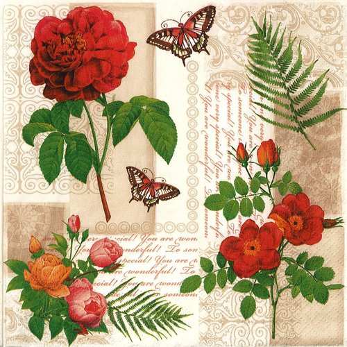 Serviette papier rose et papillon bouquet rétro
