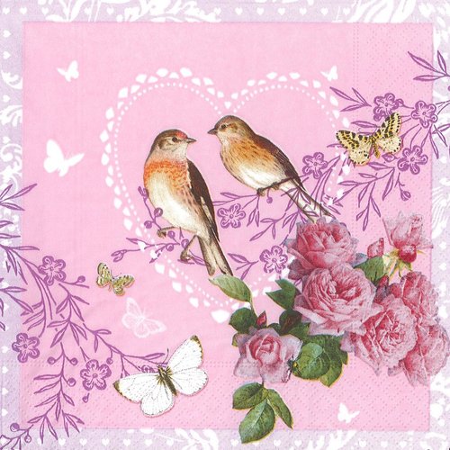 Serviette papier oiseau dans coeur et bouquet de rose