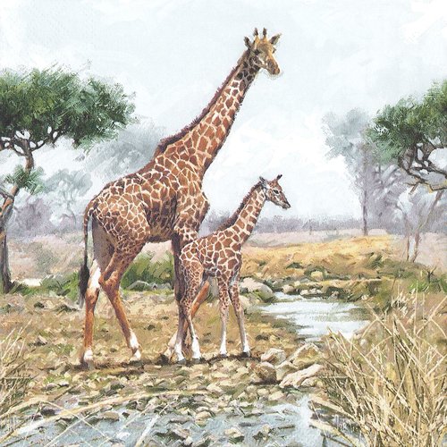Serviette papier girafe et girafon dans la savane