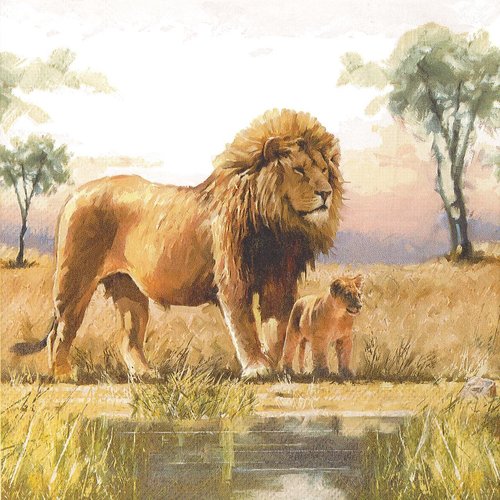 Serviette papier lion et petit lionceau dans la savane