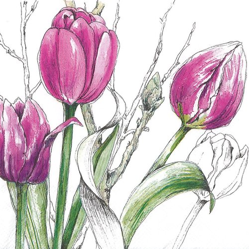 Serviette papier tulipe rose à colorier