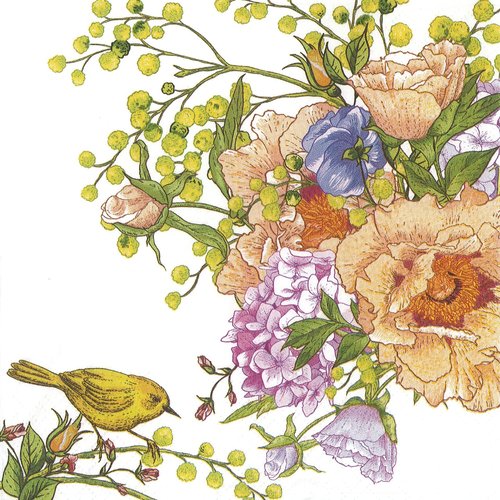 Serviette papier bouquet de fleurs mimosa rose et oiseau