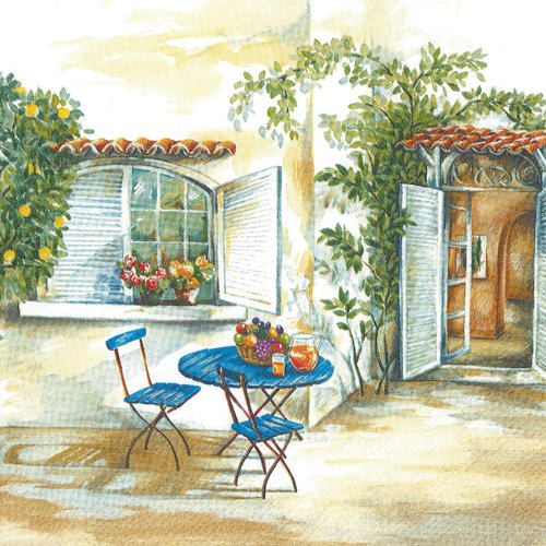 Serviette papier citronnier terrasse en toscane petit déjeuner