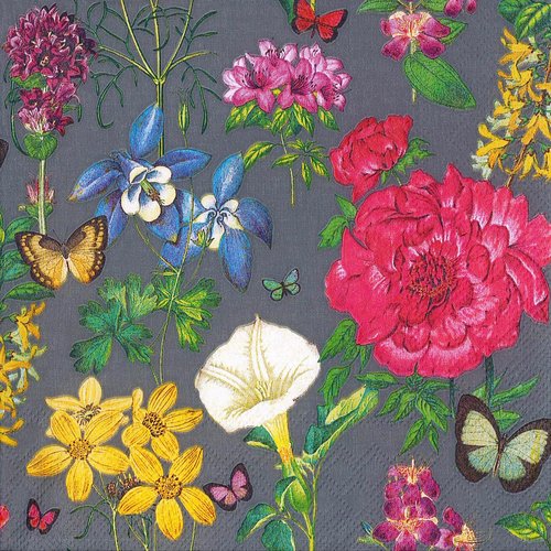Serviette papier champs de fleurs rose, ancolie, œillet, liseron, papillon, fleurs sauvages