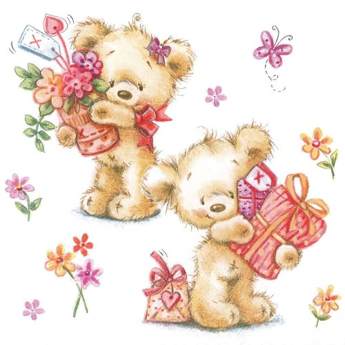 Serviette papier petit ours aux cadeaux et fleurs