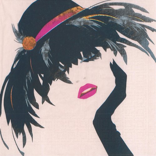 Serviette papier marlène jeune femme elegante chapeau de plumes