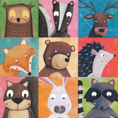 Serviette papier petite vignette animaux ours, renard,hérisson