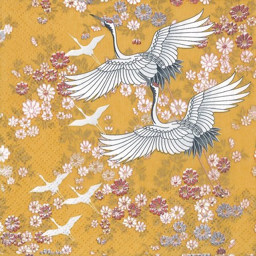 Serviette papier envol de grue japonaise tapis de fleur fond safran