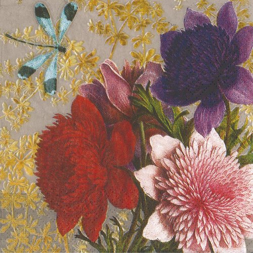 Serviette papier fleur du japon et libelule fond taupe