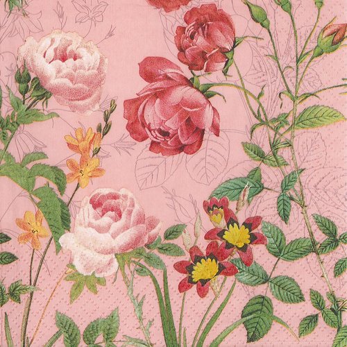 Serviette papier tableau de rose et églantine sur fond rose