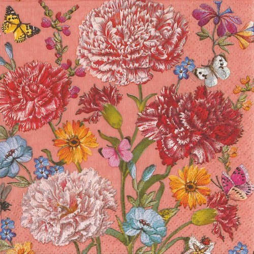 Serviette papier bouquet d'oeillet myosotis et papillon corail