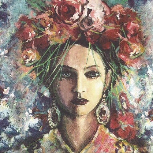 Serviette papier portrait frida kahlo coiffée de fleurs