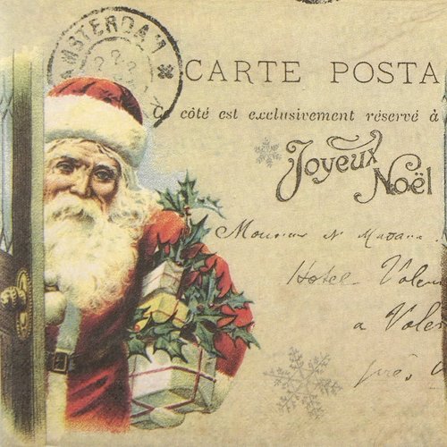 Serviette papier carte postale joyeux noel père noel cadeau et houx
