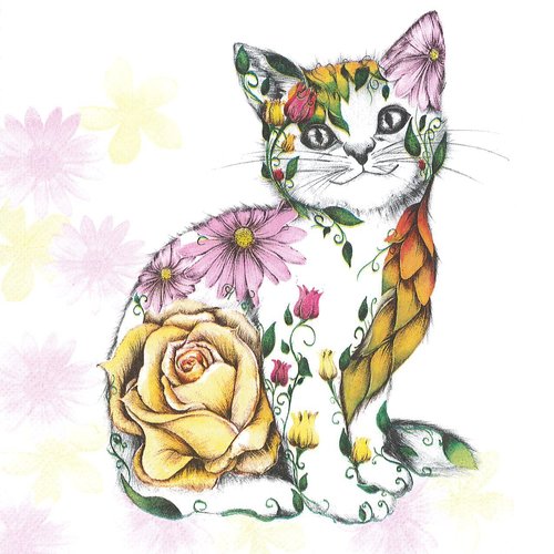 Serviette papier petit chat habillé de fleurs