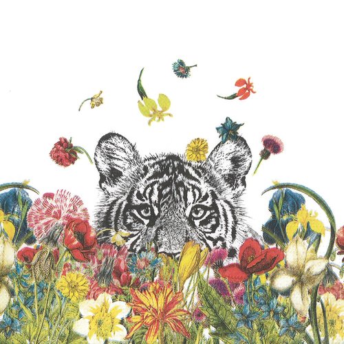 Serviette papier tigre au milieu des fleurs