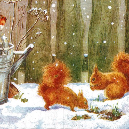 Serviette papier rare ecureuil et souris dans la neige