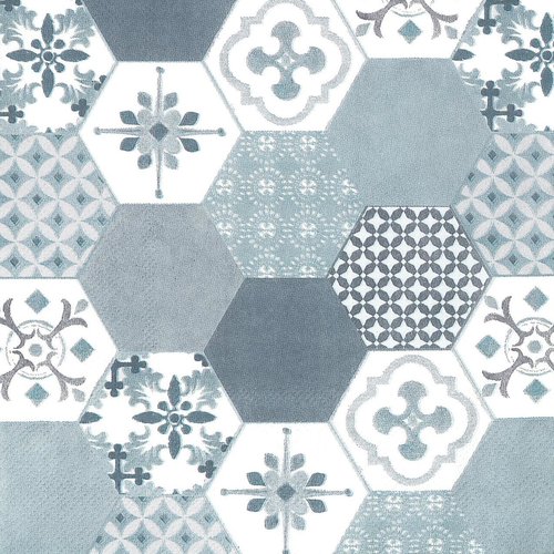 Serviette papier motif carreaux de ciment hexagonaux gris et bleu