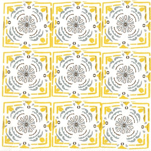 Serviette papier motif carreaux de ciment carré jaune fleur bleue