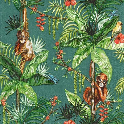 Serviette papier petit singe dans les palmiers et perroquet