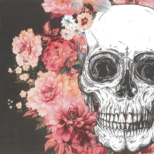Serviette papier skull tête de mort et bordé de fleurs roses