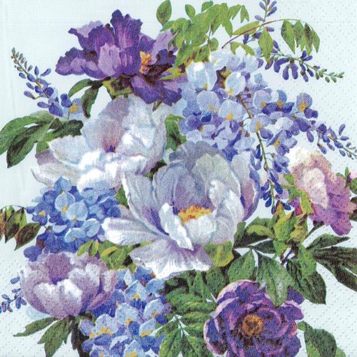 Serviette papier bouquet bleu glycine et rose