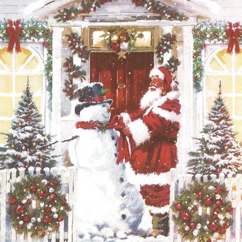 Serviette papier père noël et le bonhomme de neige devant la maison
