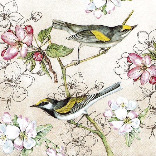 Serviette papier oiseau chantant dans les fleurs fond crème