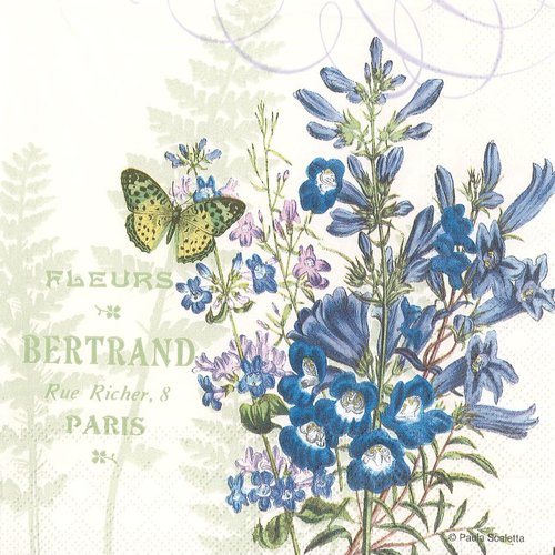 Serviette papier grande fleur bleue et papillon