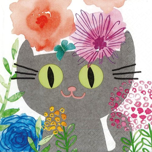 Serviette papier le chat aux fleurs