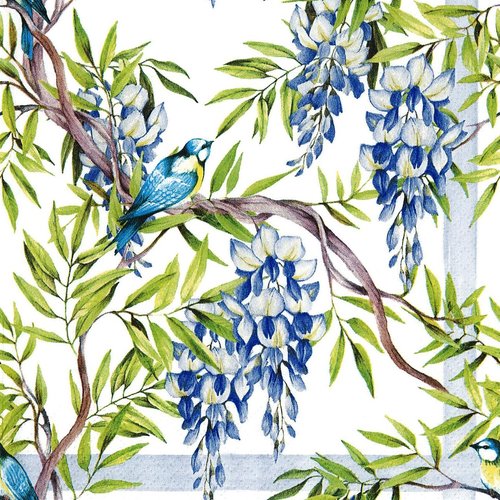 Serviette papier oiseau mésange bleue dans les fleurs de glycine bleue