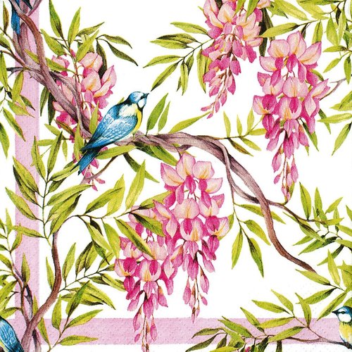 Serviette papier oiseau mésange bleue dans les fleurs de glycine rose