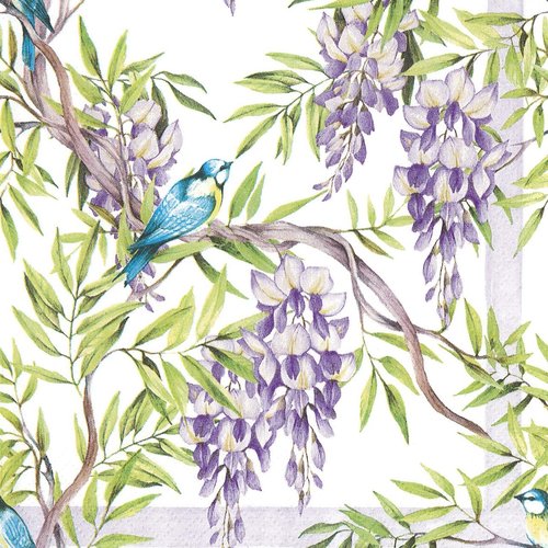 Serviette papier oiseau mésange bleue dans les fleurs de glycine violette