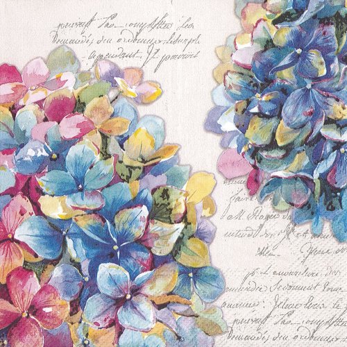 Serviette papier lettre ancienne hortensia bleu et rose