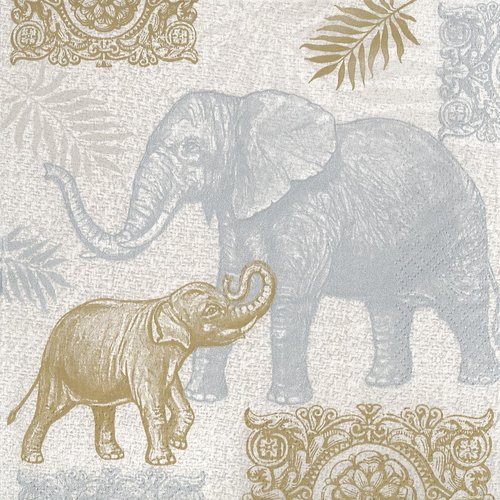 Serviette papier eléphant et éléphanteau or et argent