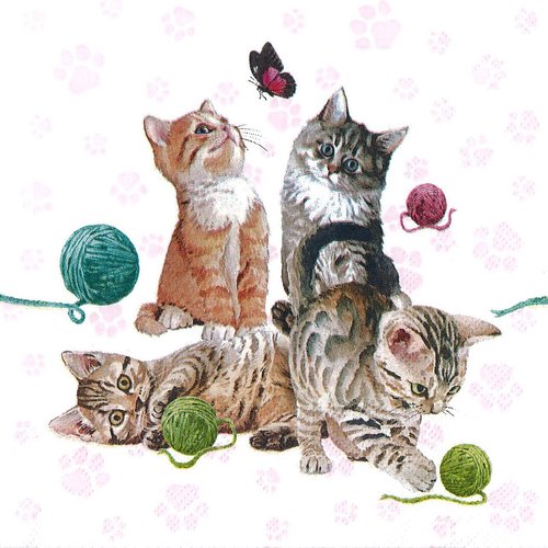 Serviette papier chat et chaton jouant avec les pelotes de laine