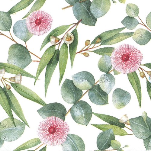 Serviette papier fleurs et feuilles d'eucalyptus