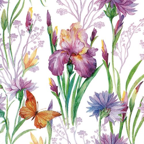 Serviette papier fleur iris violet et papillon