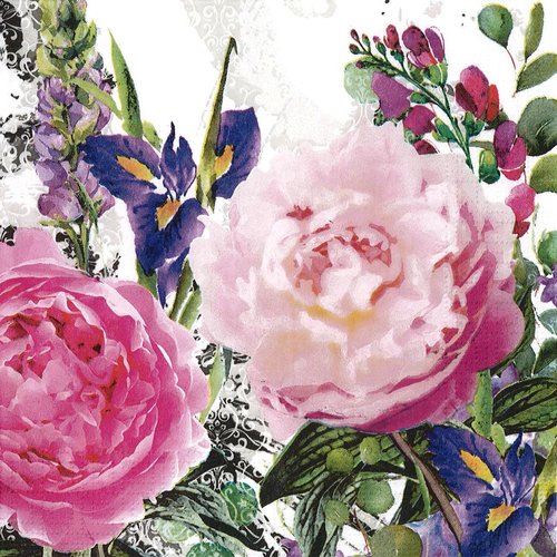 Serviette papier bouquet de roses et d'iris