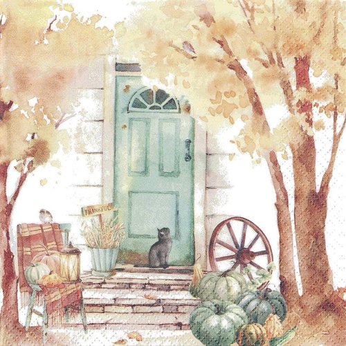 Serviette papier petit chat devant la porte