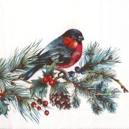 Serviette papier rouge gorge branche de sapin