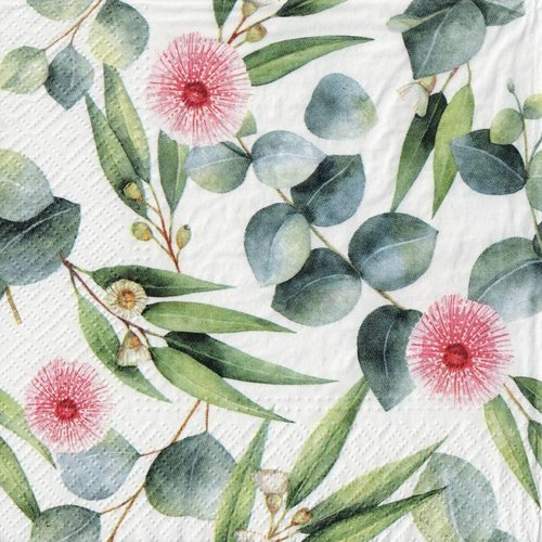 Serviette papier fleurs et feuilles d'eucalyptus