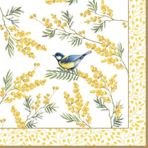 Serviette papier mésange bleue et mimosa