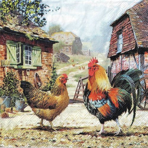 Serviette papier poule et coq cour de ferme
