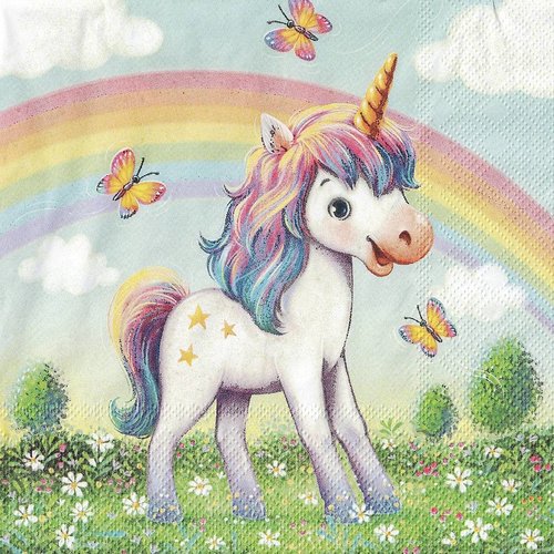 Serviette papier petite licorne sous l'arc en ciel